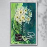 Original oil painting on canvas, Flowers daffodils on a green background, Orchid narcissus, Spring still life, Home decor, white blooms