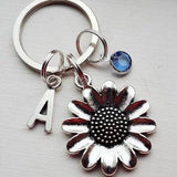 Sunflower Keychain With Initial Charm and Birthstone - Personalized Flower Key Chain - Bridesmaid Gift - Best Friend