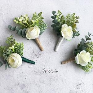 Faux White Rose Wedding Corsage Boutonniere Set Fake Fern Eucalyptus Artificial Greenery Ranunculu Silk Flower Prom Boutineer Wristlet Decor