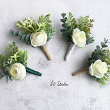 Faux White Rose Wedding Corsage Boutonniere Set Fake Fern Eucalyptus Artificial Greenery Ranunculu Silk Flower Prom Boutineer Wristlet Decor