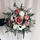 Bridal bouquet with dusty rose flowers and anemones, bridesmaid bouquets, white fake bouquet, white and green bouquet, whit