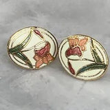 Vintage Cloisonne Enamel Earrings Red Lily Flower With Ear Posts