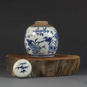 Chinese Blue and White Porcelain Jar Peony Flowers Birds Pot Tea Caddy 4.13 inch