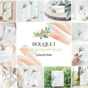 Rose Bouquet, Eucalyptus Lily Wedding Template Collection, Boho Wedding Invite Kit, Wedding Invitation Set, Invitation Template Bundle, DIY