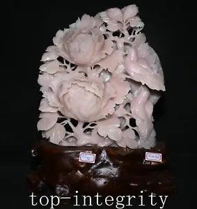 16.1'' Old Natural Xiu Pink Jade Carve Peony Flower Blossom Bird Birds Statue