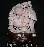 16.1'' Old Natural Xiu Pink Jade Carve Peony Flower Blossom Bird Birds Statue