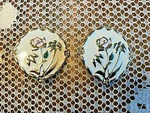 Enamel Earrings Vtg 80s Floral Gilt Enamel White Pink Green Rose Lily Clip-on