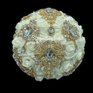 Ivory Gold Bouquet l Real Touch Rose Brooch Bridal Bouquet l Bridesmaids Bouquet l Wedding l Quinceanera Bouquet l Corsage l Boutonniere