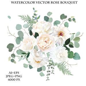 Ivory beige rose, white and creamy woody peony, chrysanthemum flower vector design wedding bouquet. Eucalyptus, greenery. Floral watercolor