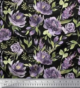 Soimoi Black Velvet Fabric Leaves & Peony Floral Printed Fabric-nHJ
