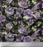 Soimoi Black Velvet Fabric Leaves & Peony Floral Printed Fabric-nHJ
