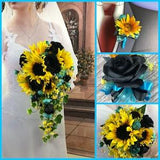 Artificial Sunflower, Turquoise and Black Bridal Bouquets, Black and Turquoise Sunflower Bridal Flowers, Turquoise and Sunflower Bouquet