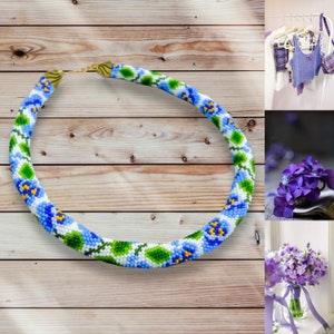 Handmade Violet flowers Bead Crochet Necklace - blue Floral Crochet rope - bead crochet lariat - white bridal beaded jewelry - women gift