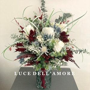 Extra large ivory silk roses, eucalyptus, thistle, salvia, burgundy berry and ruscus hand tied faux flower arrangement