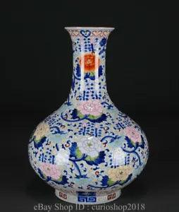 12.8 " Qianlong Marked China Doucai Porcelain Dynasty Peony Flower Bottle Vase