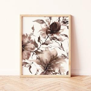 Boho Wall Decor | Moody Modern Organic Watercolor Florals | Neutral Brown Black Purple Grey | Peony Wedding Bouquet Print | Living Room