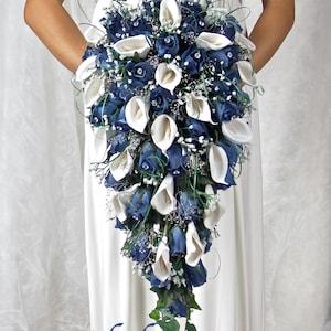 NAVY CASCADE Package Special silk flowers roses calla lilies ivy bouquets bow ribbon satin stephanotis, pearls, blossoms, rosebuds, diamond