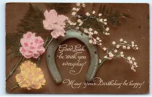 *Good Luck Happy Birthday Horse Shoe Horseshoe Flowers Carnations Postcard B98