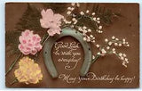 *Good Luck Happy Birthday Horse Shoe Horseshoe Flowers Carnations Postcard B98