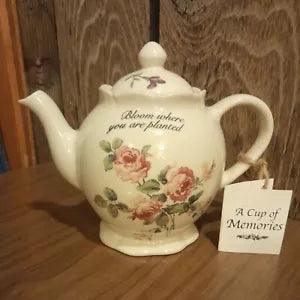 "Bloom Where You Are Planted" Floral Teapot- Martha Vaughn Lily Creek W/ Tag