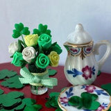 1:12 scale St.Patrick??s Day green and white  yellow roses shamrocks miniatures dolls house vase floral  flowers  table decoration bouquet