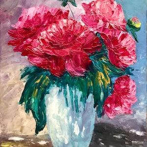 art red peonies, bouquet of impasto peonies, red peonies in a vase, small oil painting