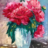 art red peonies, bouquet of impasto peonies, red peonies in a vase, small oil painting