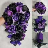 Black Purple Rose Calla Lily Bridal Wedding Bouquet Accessories