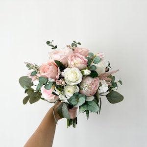 Dusty and Cream Bridal Bouquet 12"/ Blush Rose and Greenery Wedding Bouquet/ Pink and White Flower Bouquet/ Rustic Wedding Bouquet