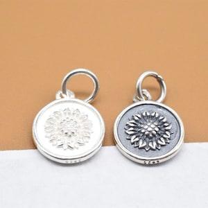 4 Sterling Silver Sunflower Charms 2-Sided, 925 Silver Sun Flower Small Pendant, Floral Charm, Blossom Charm, Bracelet Charm, Necklace Charm
