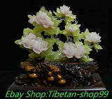 15'' China Natural Xiu Green Pink Jade Carve Peony Flower Statue ornament