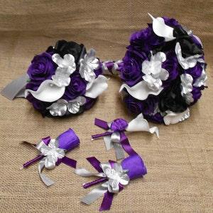 Wedding Silk Flower Bridal Bouquets Package Calla Lily Purple Eggplant Plum Rose Silver Flower Girl Basket Halo Ring Pillow New