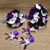 Wedding Silk Flower Bridal Bouquets Package Calla Lily Purple Eggplant Plum Rose Silver Flower Girl Basket Halo Ring Pillow New