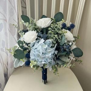 Boho dusty blue and navy wedding bouquet premium white roses hydrangea blue thistle accent flowers & bridal  bridesmaid boutonni¡§¡§re
