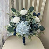 Boho dusty blue and navy wedding bouquet premium white roses hydrangea blue thistle accent flowers & bridal  bridesmaid boutonni¡§¡§re