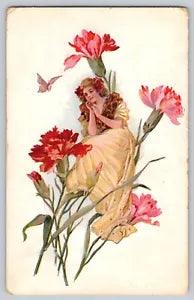 Postcard Fantasy Flower Girl Thumbelina Butterfly Carnations Fairy Tale