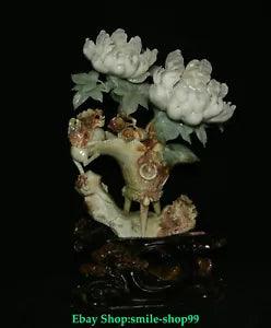 20"China Fine Natural Xiu Jade Dragon Beast Pixiu Animal Peony Flower Cup Statue