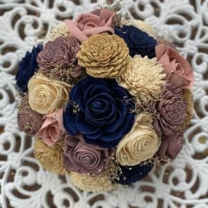 Champagne Twilight Bouquet - Wood Flowers - Sola Flowers - Navy, Mauve, Champagne -  Wedding Bouquet  - Wedding Flowers - Pine and Petal