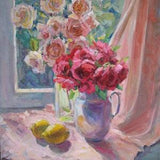 Flowers and fruits, still life with roses and lemons,Valentine's Gift for Her, Original painting, Canvas Painting, Oil art by HramovaNadejda