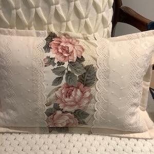 Shabby Chic pink rose bouquet framed with vintage eyelet lace Hand made Custom  Pillow