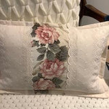 Shabby Chic pink rose bouquet framed with vintage eyelet lace Hand made Custom  Pillow
