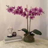 Artificial Double Stem Fuschia Ascocenda Orchid Arrangement in Glass Bowl.