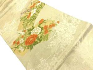 6334750: JAPANESE KIMONO / VINTAGE NAGOYA OBI / WOVEN PEONY & FLOWERS