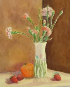 PINK CARNATIONS AND FRUIT ART PRINT from Watercolor Painting by P. Tarlow