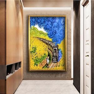 Van Gogh train landscape in sunflowers canvas print reproduction painting , ready to hang canvas painting, home&office decotative