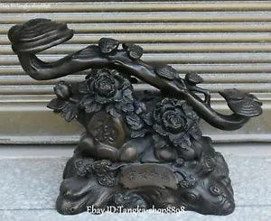 17" Rare Pure Bronze Peony Peonies Flower Ganodorma lucidum Ruyi Wishful Statue