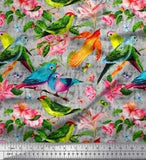 Soimoi Cotton Poplin Fabric Birds|Leaves & Lily Flower Print Fabric-WPx