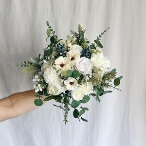 Faux bridal bouquet with white flowers and anemones, bridesmaid bouquet, ivory fake bouquet, white and green bouquet, white boutonniere