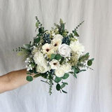 Faux bridal bouquet with white flowers and anemones, bridesmaid bouquet, ivory fake bouquet, white and green bouquet, white boutonniere