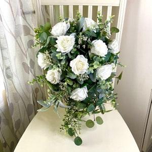 Cascade bridal bouquet, white rose eucalyptus cascade wedding bouquet, boho wedding flowers, lambs ear greenery bridesmaid bouquet